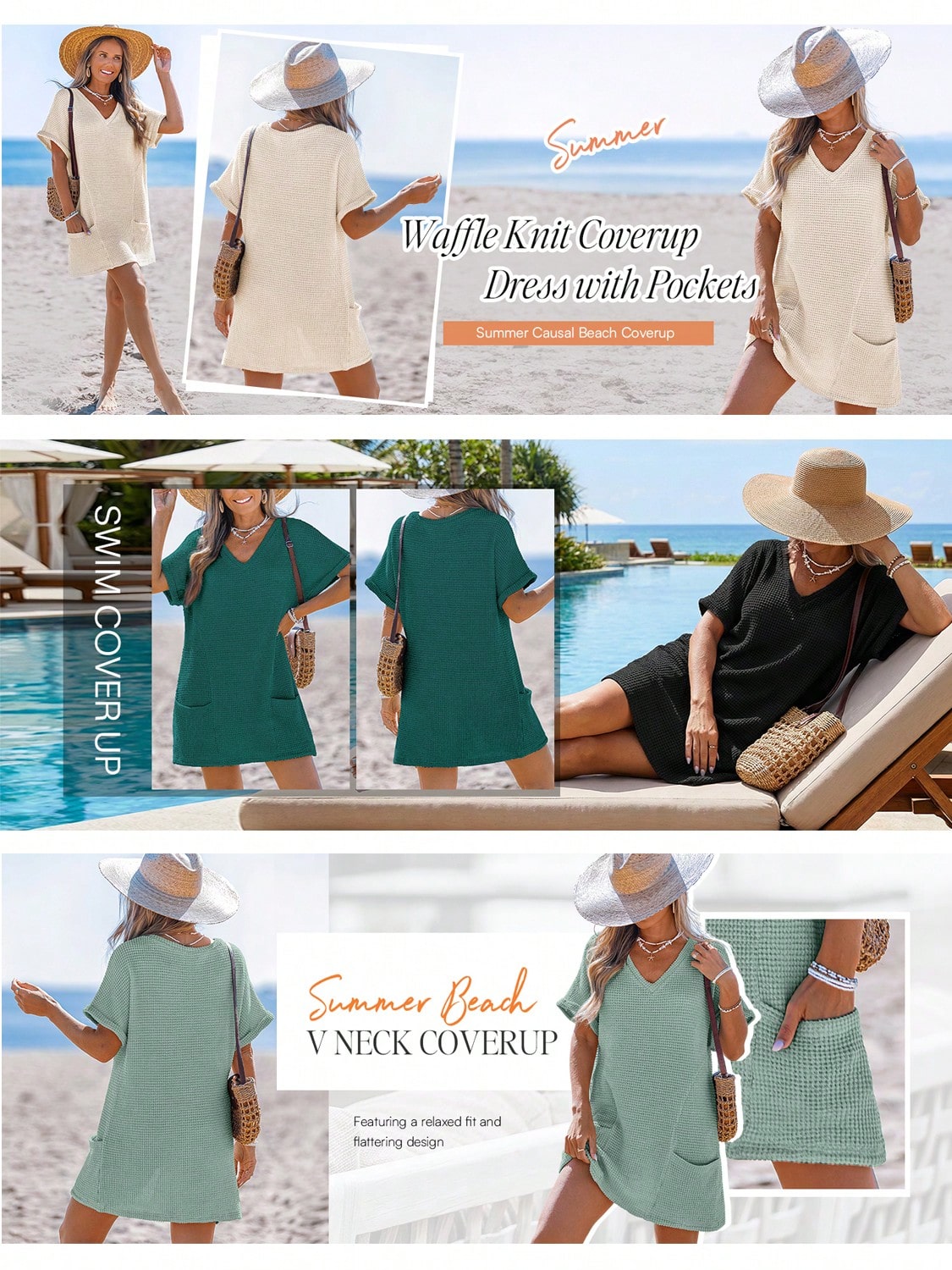Swimsuit Coverup For Women Waffle Knit V Neck Short Sleeve Beach Coverup Dress With Pockets