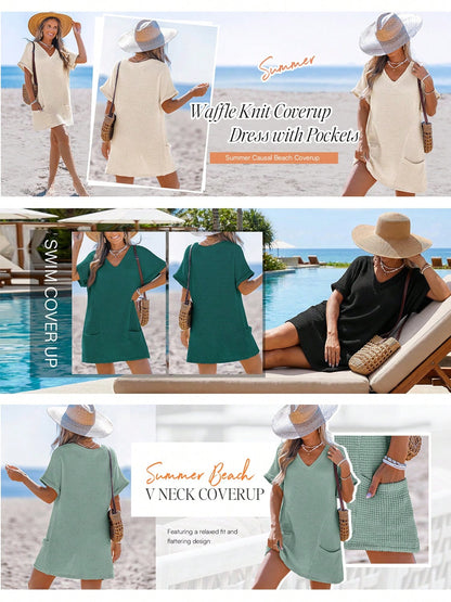 Swimsuit Coverup For Women Waffle Knit V Neck Short Sleeve Beach Coverup Dress With Pockets