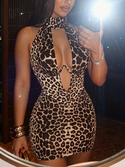 SXY Elegant Sexy Lady Date Club Night Halter Neck Sleeveless Satin Beige Color Dress Summer,Going Out,Elegant Dresses For Party,Leopard Print