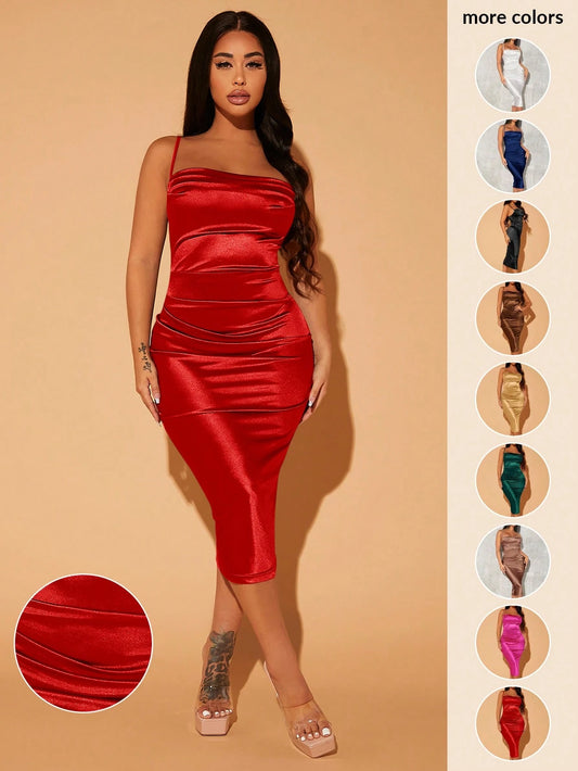 SXY Prom Dress;Summer;Solid Ruched Satin Slip Dress