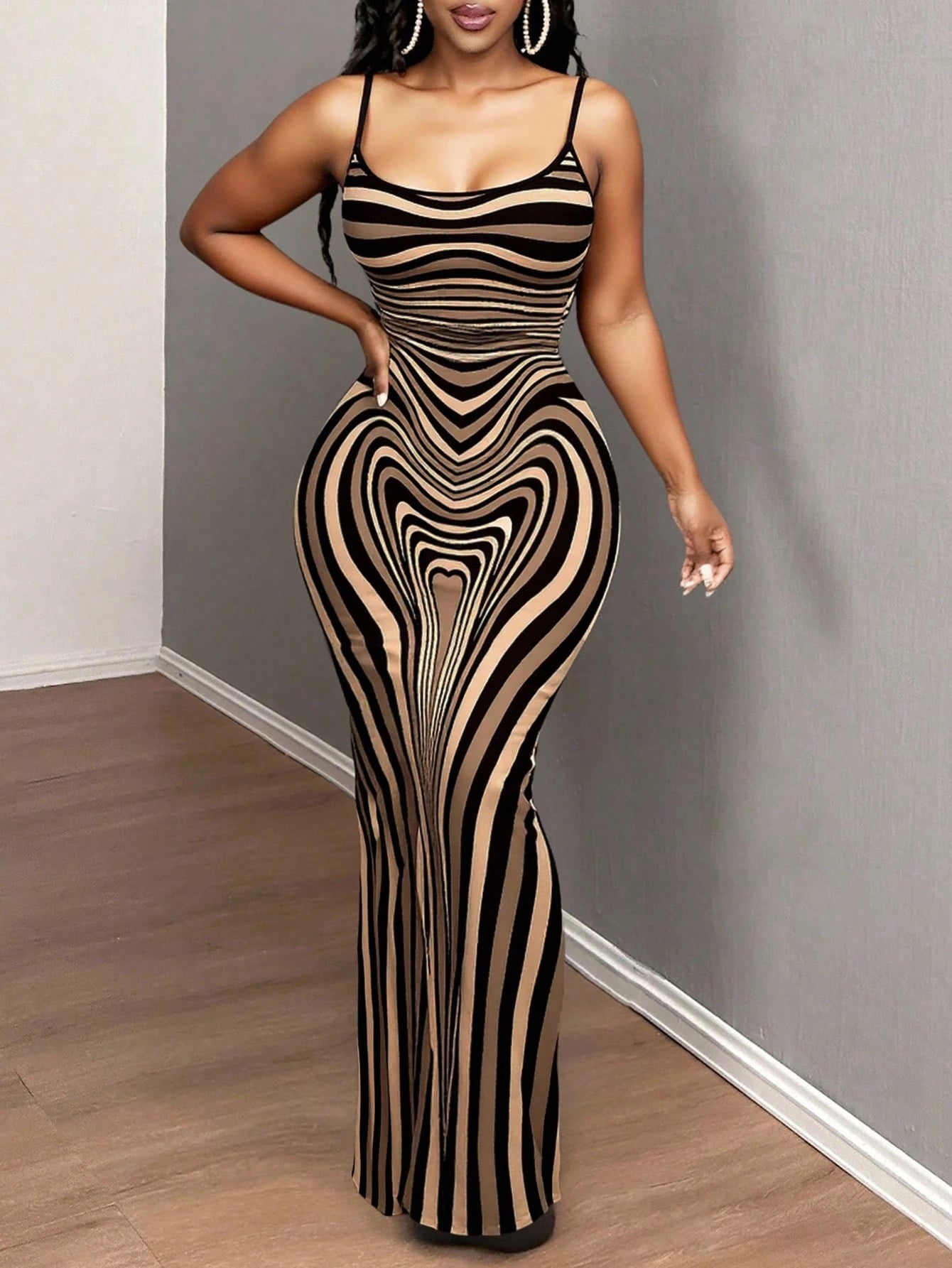 SXY Sexy Casual Elegant Brown Bodyline Positioning Print Slip Dress, Maxi Length For Women Curve Hugging Maxi Dress Suitable For Going Out Chic Dress