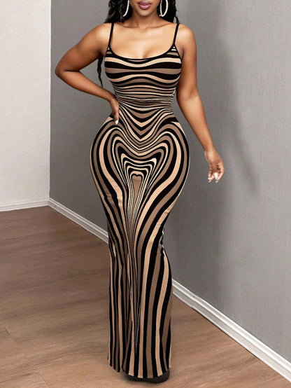 SXY Sexy Casual Elegant Brown Bodyline Positioning Print Slip Dress, Maxi Length For Women Curve Hugging Maxi Dress Suitable For Going Out Chic Dress