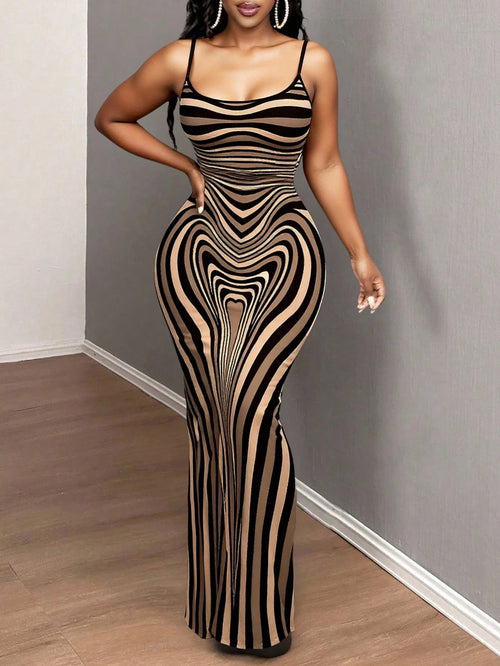 SXY Sexy Casual Elegant Brown Bodyline Positioning Print Slip Dress, Maxi Length For Women Curve Hugging Maxi Dress Suitable For Going Out Chic Dress