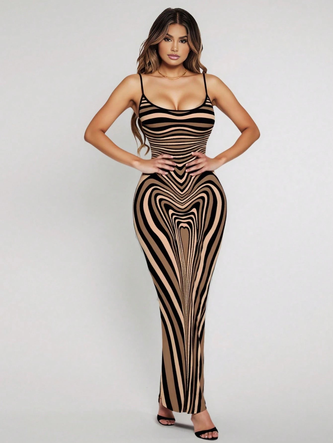 SXY Sexy Casual Elegant Brown Bodyline Positioning Print Slip Dress, Maxi Length For Women Curve Hugging Maxi Dress Suitable For Going Out Chic Dress