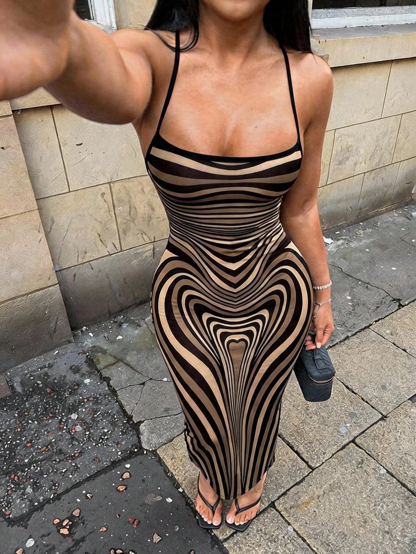 SXY Sexy Casual Elegant Brown Bodyline Positioning Print Slip Dress, Maxi Length For Women Curve Hugging Maxi Dress Suitable For Going Out Chic Dress