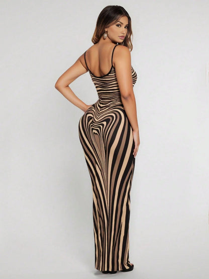 SXY Sexy Casual Elegant Brown Bodyline Positioning Print Slip Dress, Maxi Length For Women Curve Hugging Maxi Dress Suitable For Going Out Chic Dress