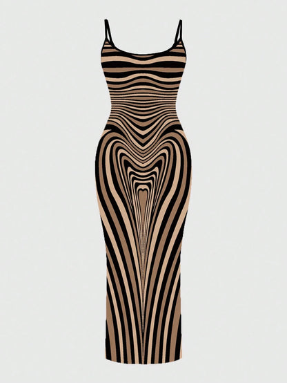 SXY Sexy Casual Elegant Brown Bodyline Positioning Print Slip Dress, Maxi Length For Women Curve Hugging Maxi Dress Suitable For Going Out Chic Dress