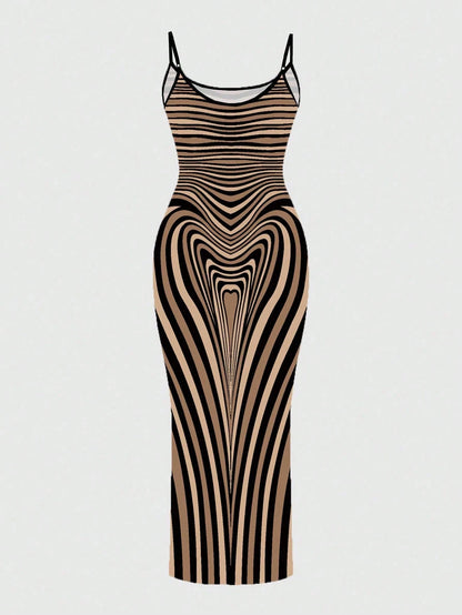 SXY Sexy Casual Elegant Brown Bodyline Positioning Print Slip Dress, Maxi Length For Women Curve Hugging Maxi Dress Suitable For Going Out Chic Dress