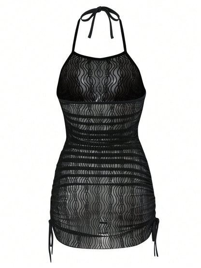 SXY Summer Beach Hollow Out Drawstring Side Halter Cover Up