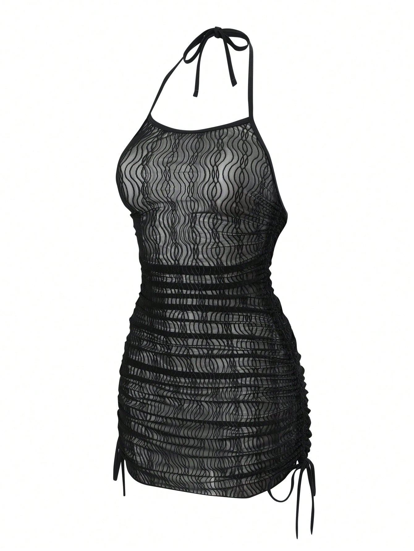 SXY Summer Beach Hollow Out Drawstring Side Halter Cover Up
