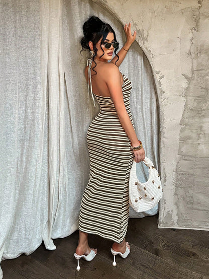 SXY Women's Brown And Cream Halter Neck Bodycon Midi Dress,Summer Bohemian Sexy Tropical Beach Vacation Club Holiday,Ribbed Body Fitting Cruise Ibiza