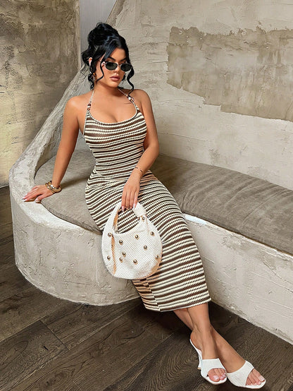 SXY Women's Brown And Cream Halter Neck Bodycon Midi Dress,Summer Bohemian Sexy Tropical Beach Vacation Club Holiday,Ribbed Body Fitting Cruise Ibiza