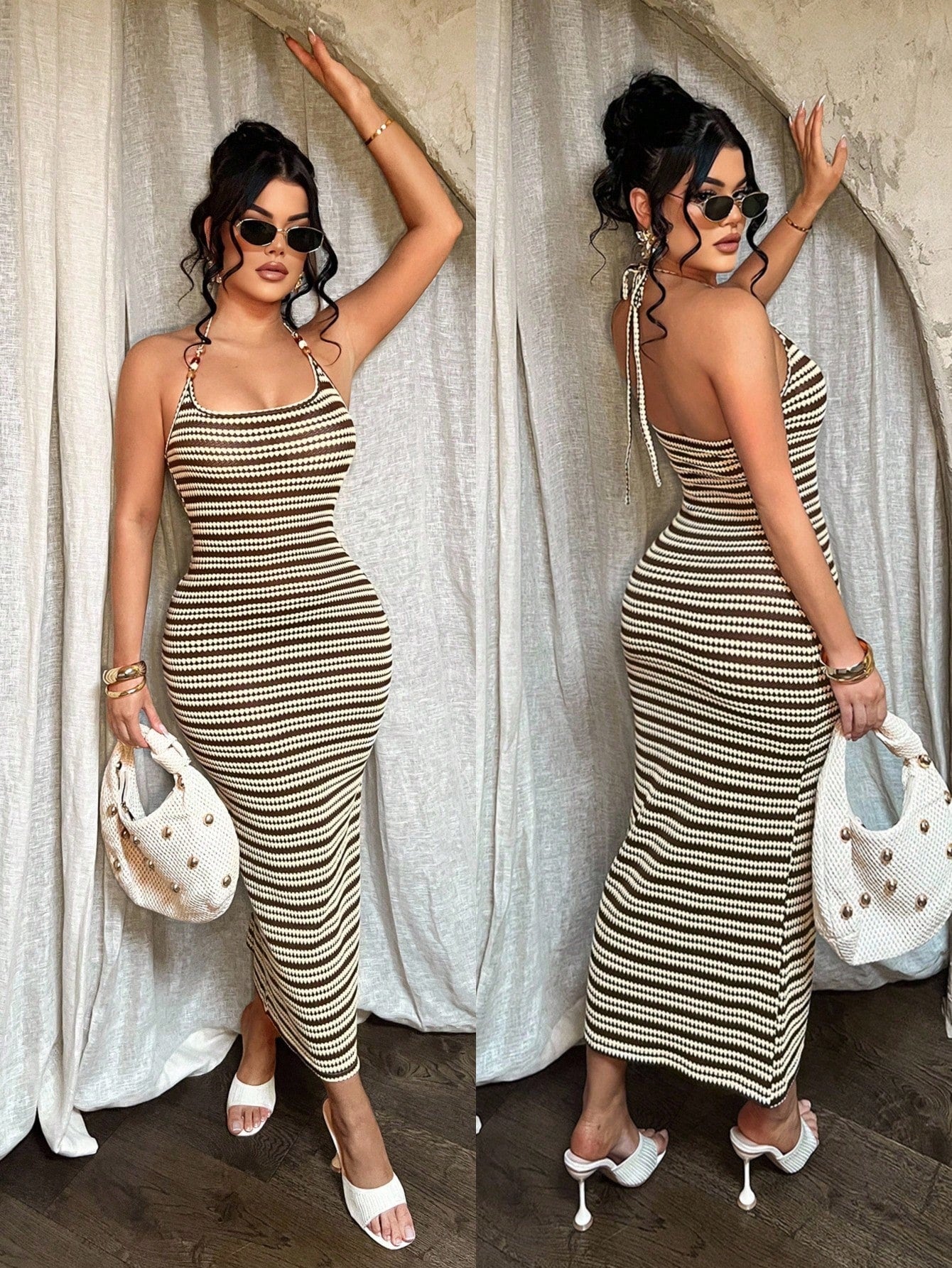 SXY Women's Brown And Cream Halter Neck Bodycon Midi Dress,Summer Bohemian Sexy Tropical Beach Vacation Club Holiday,Ribbed Body Fitting Cruise Ibiza
