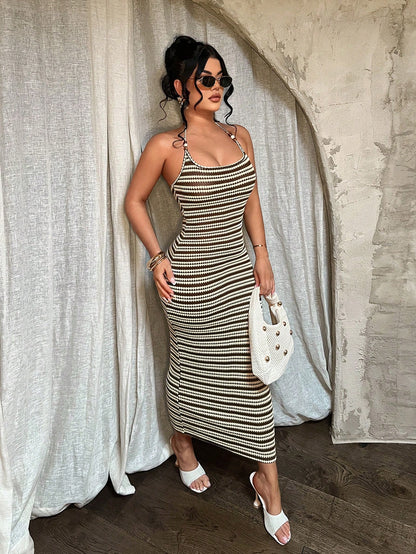 SXY Women's Brown And Cream Halter Neck Bodycon Midi Dress,Summer Bohemian Sexy Tropical Beach Vacation Club Holiday,Ribbed Body Fitting Cruise Ibiza