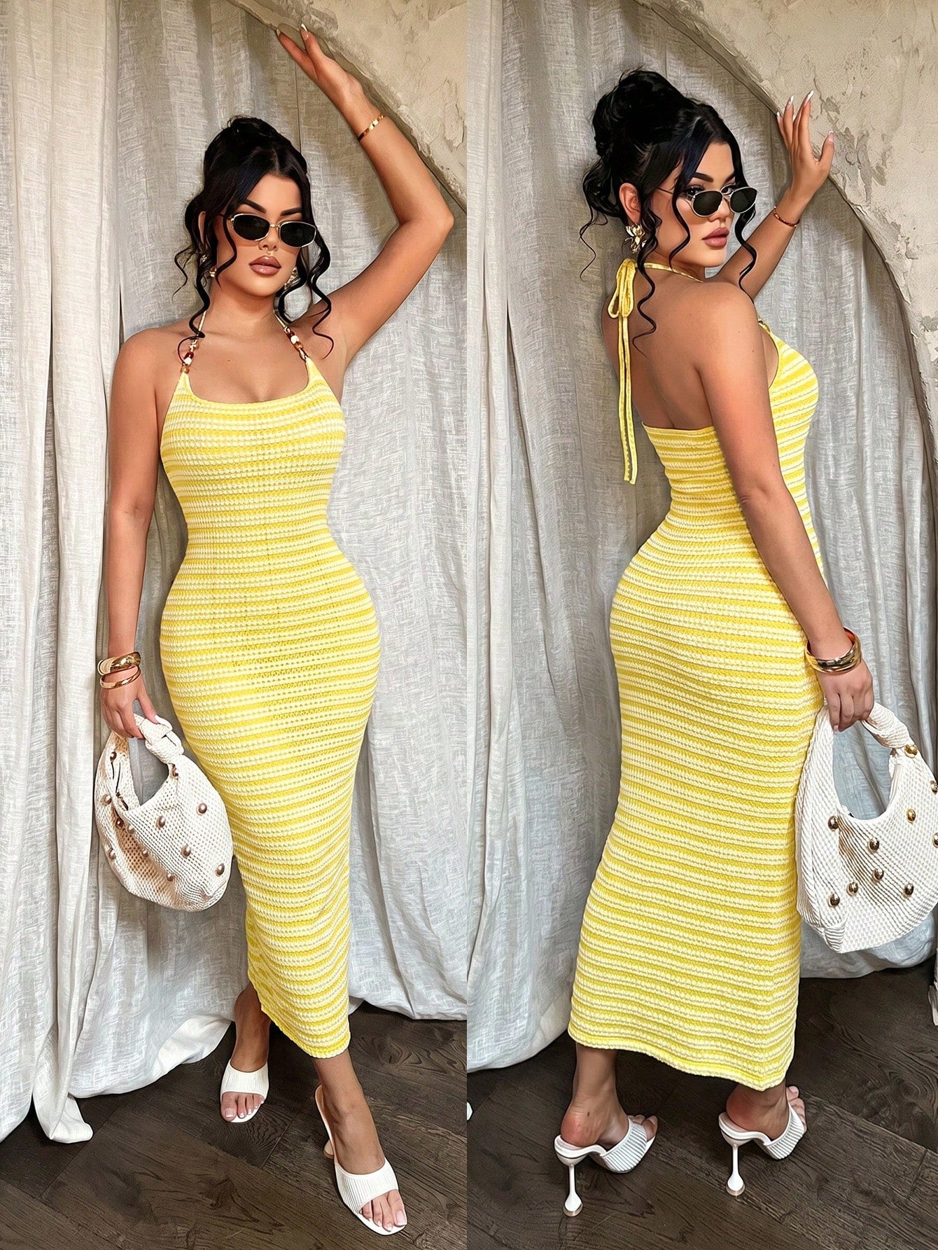 SXY Women's Brown And Cream Halter Neck Bodycon Midi Dress,Summer Bohemian Sexy Tropical Beach Vacation Club Holiday,Ribbed Body Fitting Cruise Ibiza