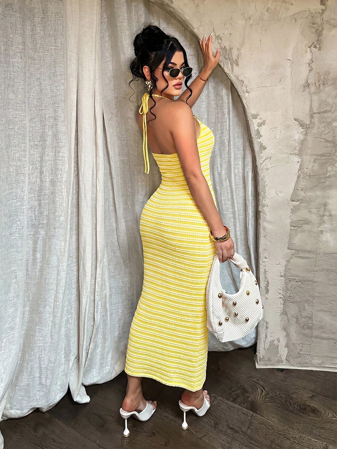SXY Women's Brown And Cream Halter Neck Bodycon Midi Dress,Summer Bohemian Sexy Tropical Beach Vacation Club Holiday,Ribbed Body Fitting Cruise Ibiza