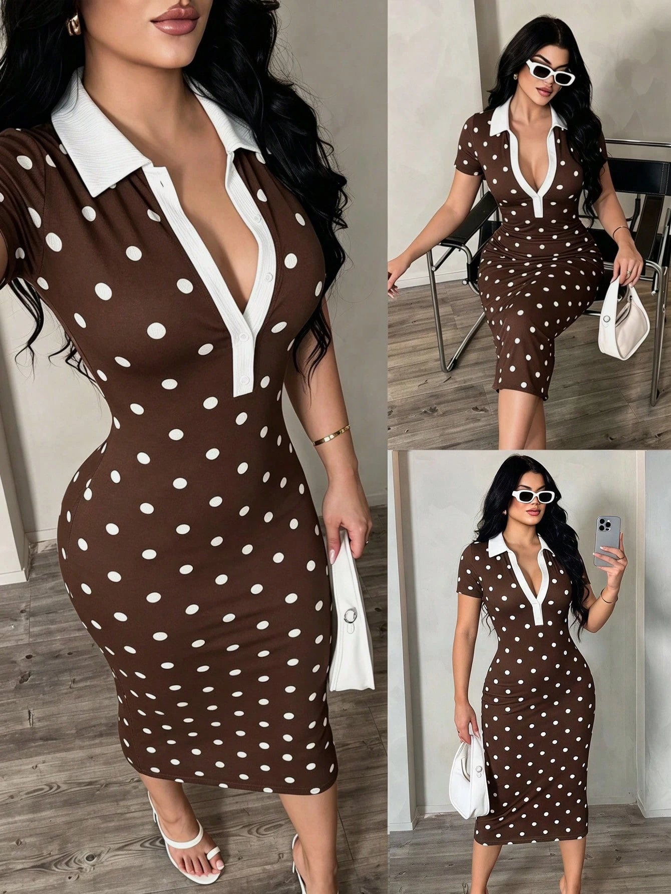 SXY Women's Summer Casual Work Dress Short Sleeve Polka Dot POLO Shirt Dress, Knitted High Elastic Slim Fit, French Elegant,Brown Dress,Work Outfits