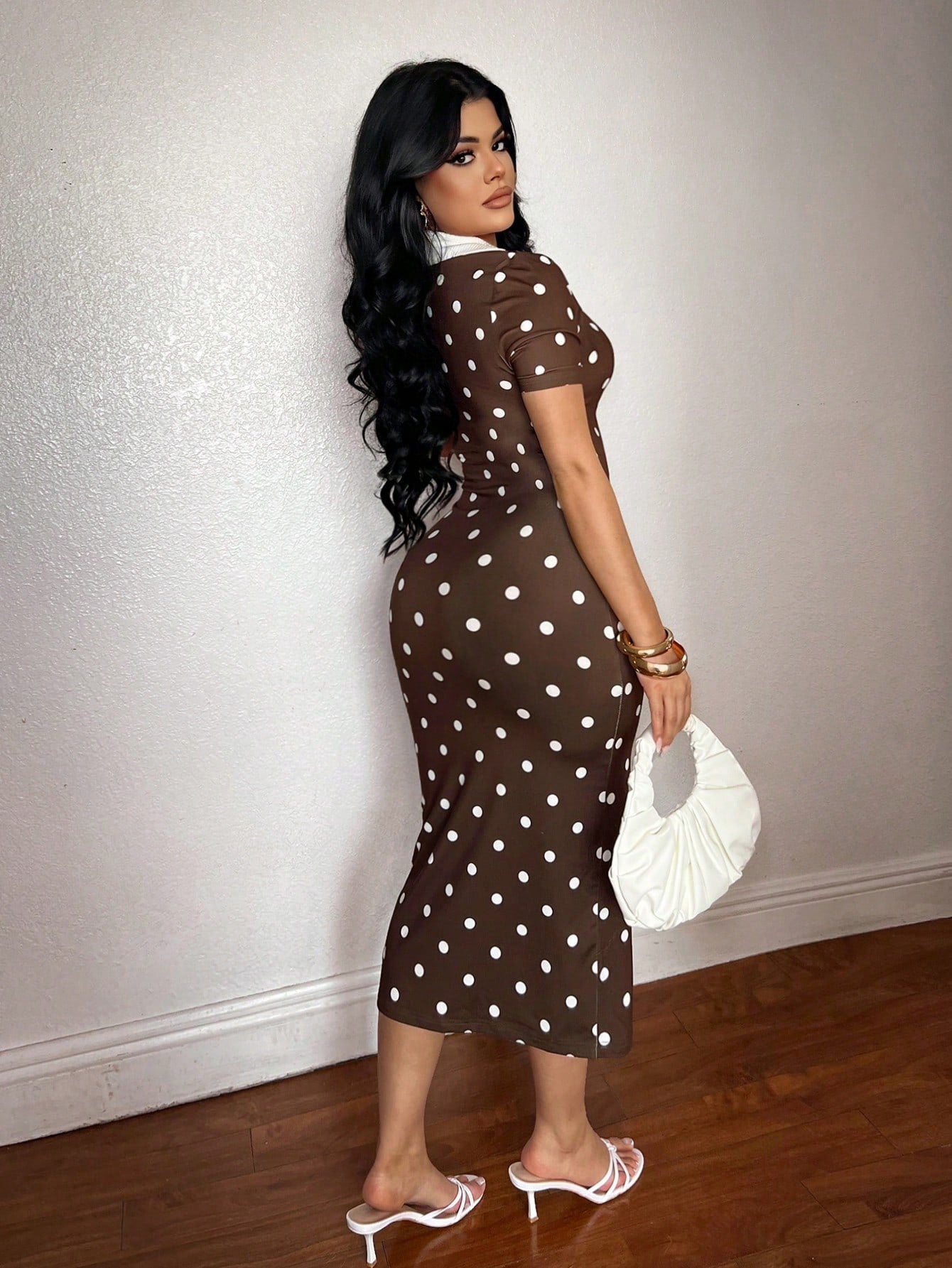 SXY Women's Summer Casual Work Dress Short Sleeve Polka Dot POLO Shirt Dress, Knitted High Elastic Slim Fit, French Elegant,Brown Dress,Work Outfits