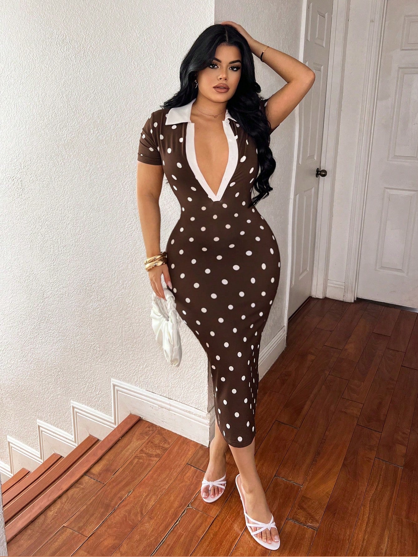 SXY Women's Summer Casual Work Dress Short Sleeve Polka Dot POLO Shirt Dress, Knitted High Elastic Slim Fit, French Elegant,Brown Dress,Work Outfits