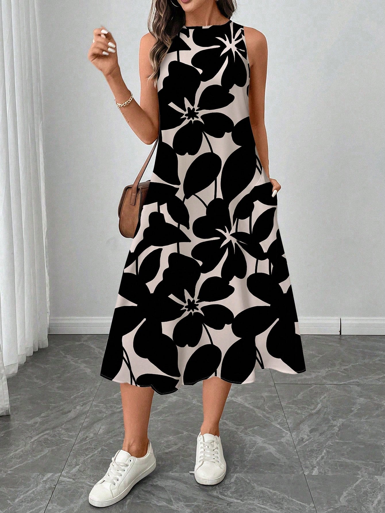 Sylviya Women's Casual Tropical Coconut Tree Print Mid-Length Dress, Suitable For Spring And Summer Suitable For Going Out Beach Vacation Chic Black And Cream