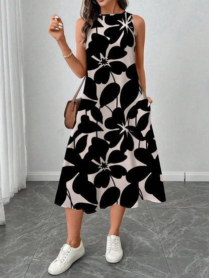Sylviya Women's Casual Tropical Coconut Tree Print Mid-Length Dress, Suitable For Spring And Summer Suitable For Going Out Beach Vacation Chic Black And Cream