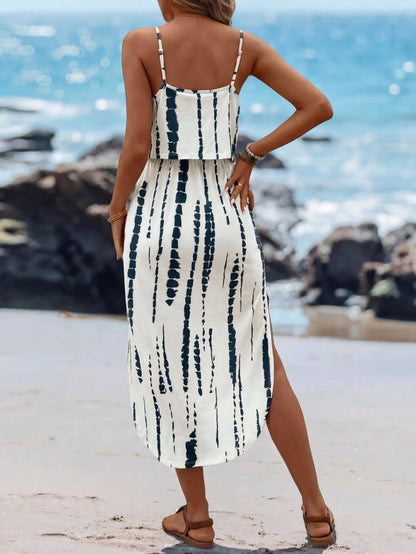 Sylviya Women's Summer Boho Navy Blue Tie-Dye Spaghetti Strap Dress With Waist Belt And Side Slit,Casual Beach Vacation Outfits,Holiday Dresses For Women