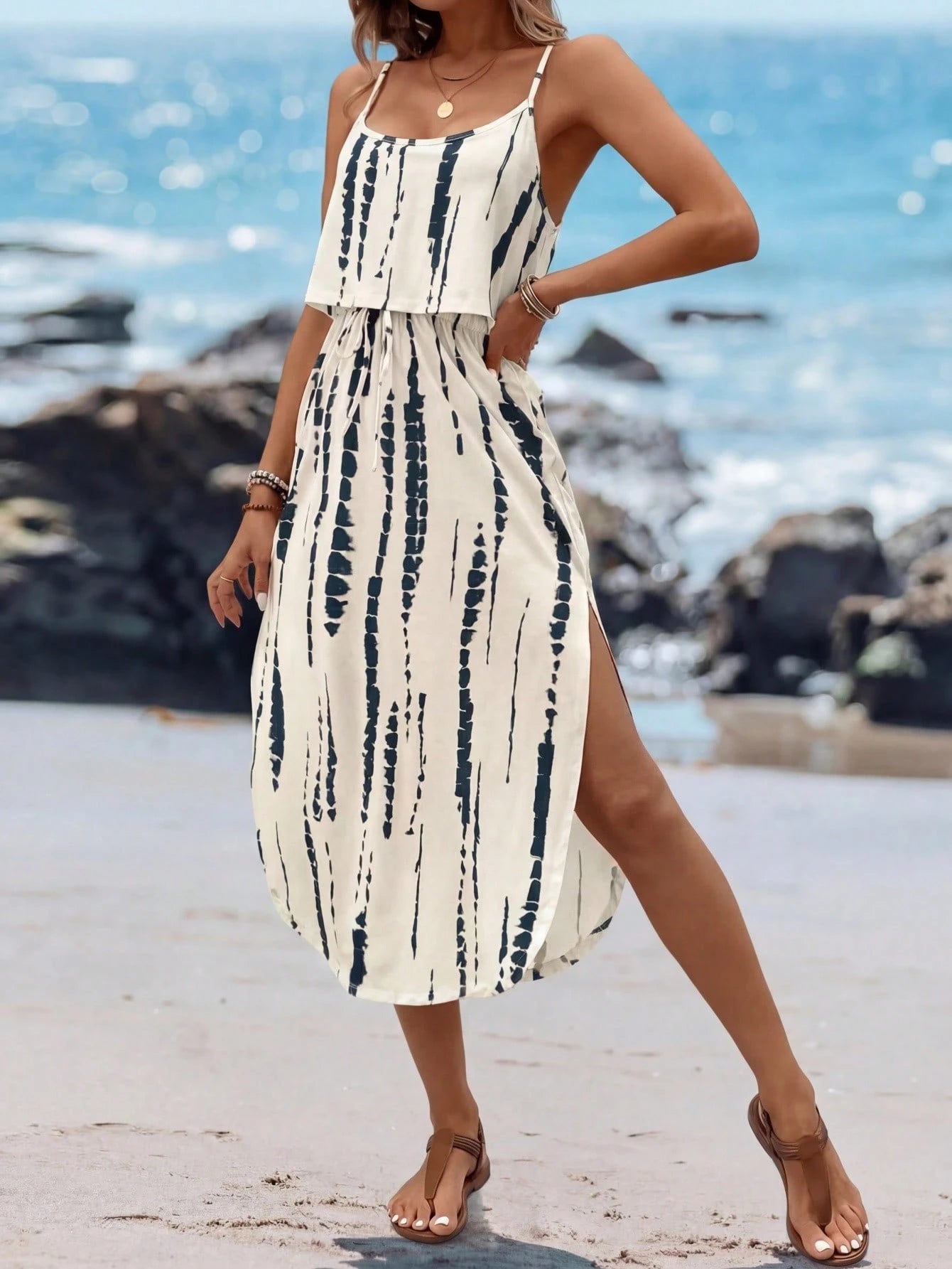 Sylviya Women's Summer Boho Navy Blue Tie-Dye Spaghetti Strap Dress With Waist Belt And Side Slit,Casual Beach Vacation Outfits,Holiday Dresses For Women