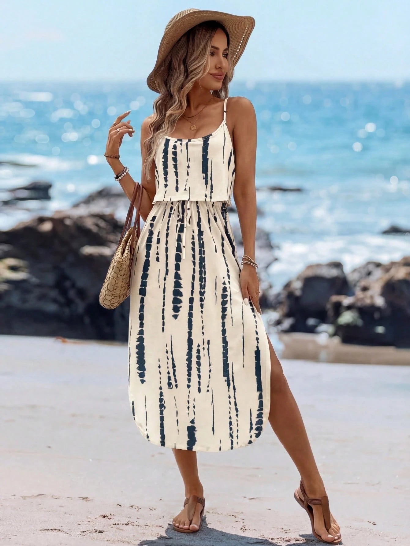 Sylviya Women's Summer Boho Navy Blue Tie-Dye Spaghetti Strap Dress With Waist Belt And Side Slit,Casual Beach Vacation Outfits,Holiday Dresses For Women