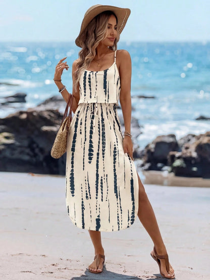 Sylviya Women's Summer Boho Navy Blue Tie-Dye Spaghetti Strap Dress With Waist Belt And Side Slit,Casual Beach Vacation Outfits,Holiday Dresses For Women