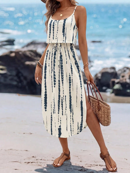 Sylviya Women's Summer Boho Navy Blue Tie-Dye Spaghetti Strap Dress With Waist Belt And Side Slit,Casual Beach Vacation Outfits,Holiday Dresses For Women