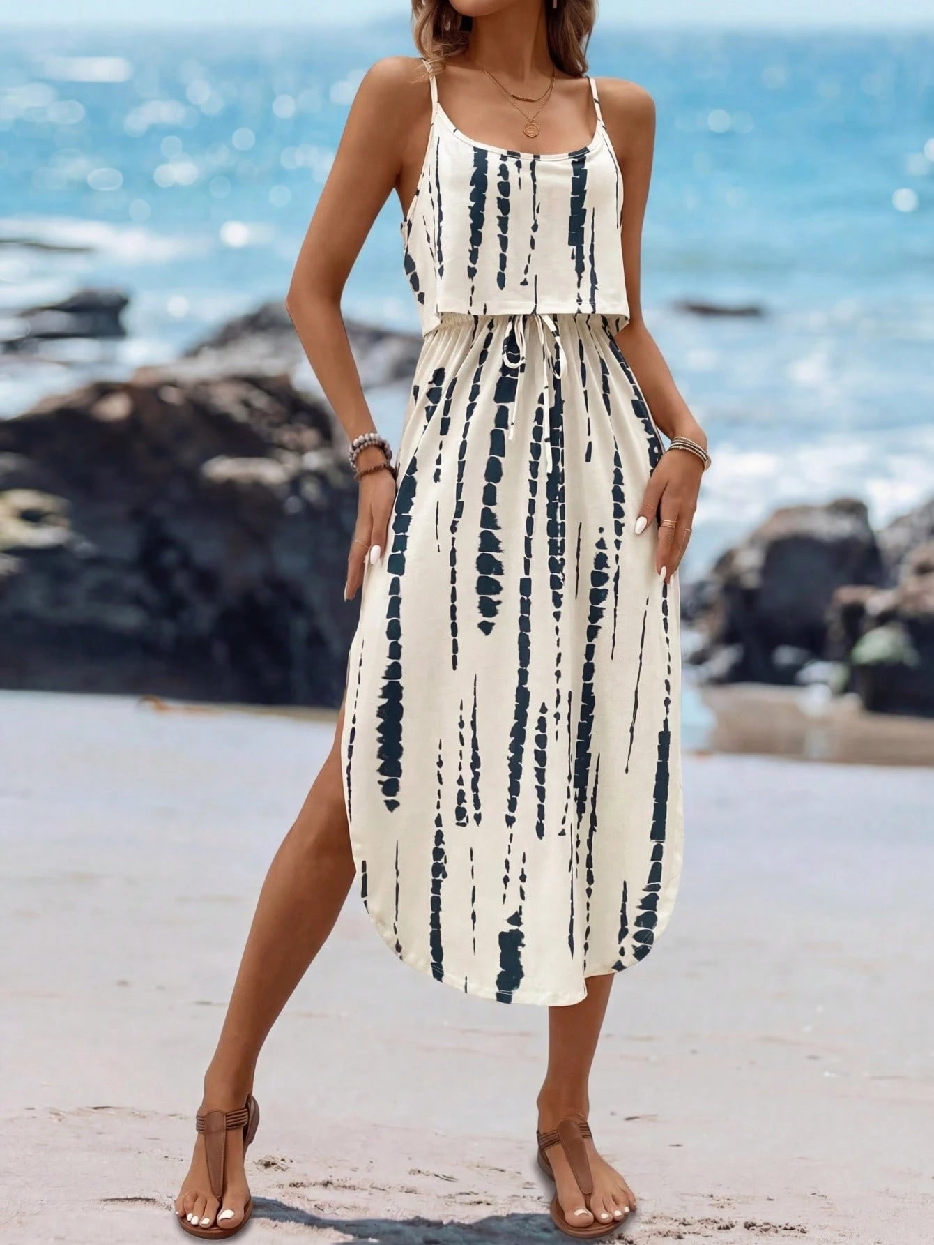 Sylviya Women's Summer Boho Navy Blue Tie-Dye Spaghetti Strap Dress With Waist Belt And Side Slit,Casual Beach Vacation Outfits,Holiday Dresses For Women