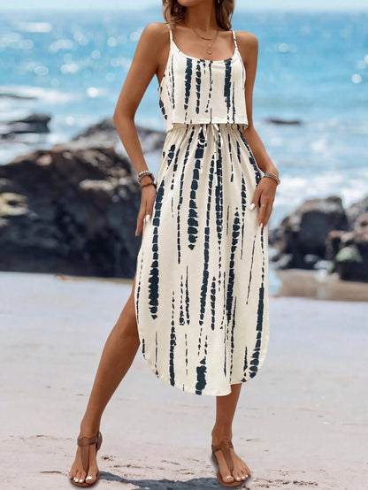 Sylviya Women's Summer Boho Navy Blue Tie-Dye Spaghetti Strap Dress With Waist Belt And Side Slit,Casual Beach Vacation Outfits,Holiday Dresses For Women