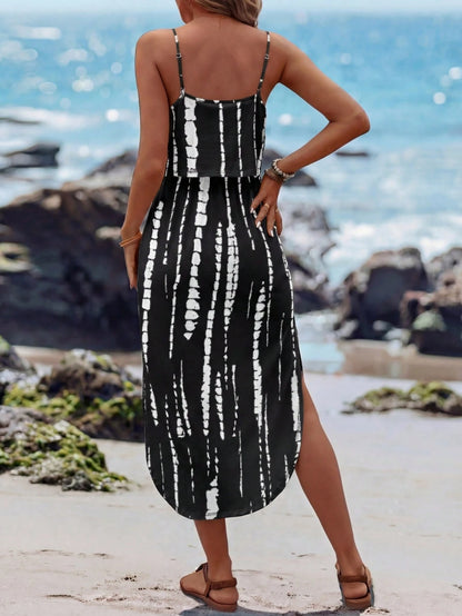 Sylviya Women's Summer Boho Navy Blue Tie-Dye Spaghetti Strap Dress With Waist Belt And Side Slit,Casual Beach Vacation Outfits,Holiday Dresses For Women