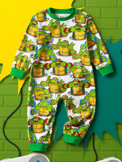 TEENAGE MUTANT NINJA TURTLES| Baby Boy Cool Cartoon Turtle Print Color-Blocking Cuff Long Sleeve Jumpsuit Fall Winter