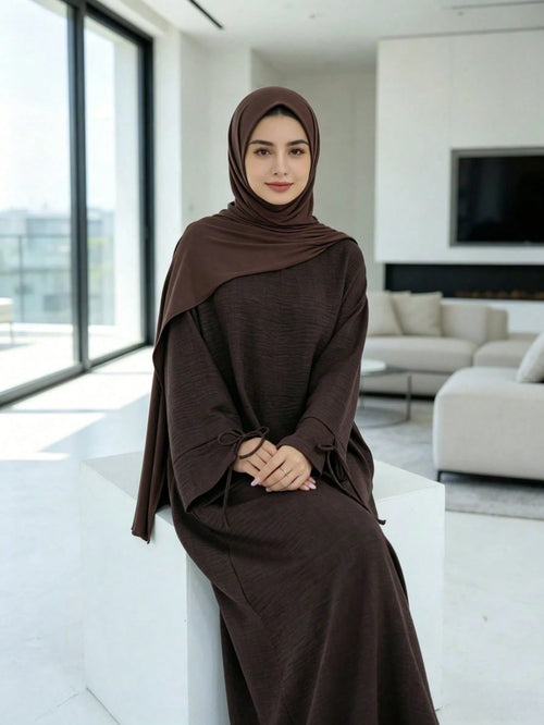 Textured Crinkle Abaya Dress, Loose Kimono Sleeve Maxi Abaya With Tie Cuffs, Modest Muslim Dubai Kaftan