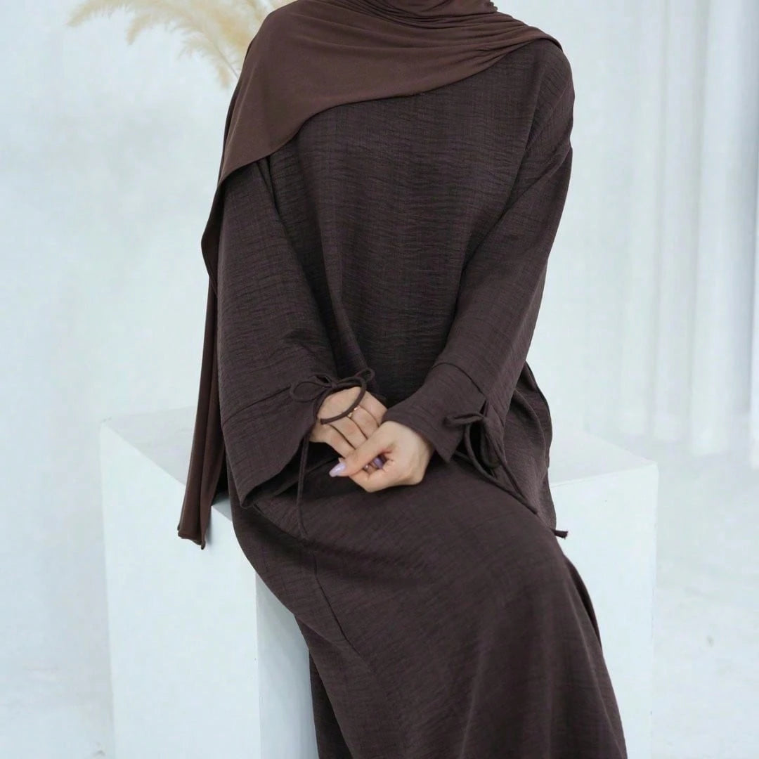 Textured Crinkle Abaya Dress, Loose Kimono Sleeve Maxi Abaya With Tie Cuffs, Modest Muslim Dubai Kaftan