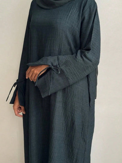 Textured Crinkle Abaya Dress, Loose Kimono Sleeve Maxi Abaya With Tie Cuffs, Modest Muslim Dubai Kaftan