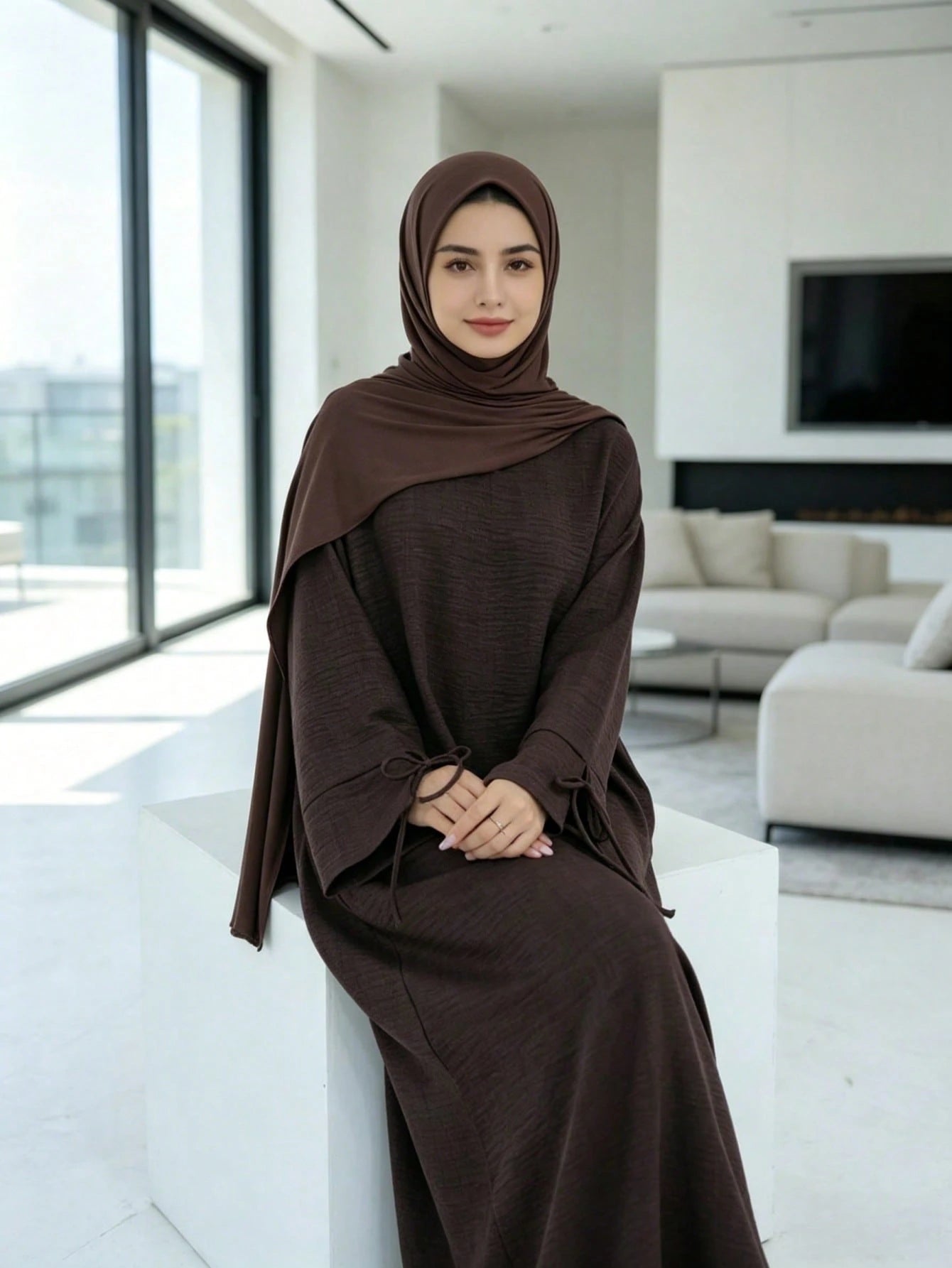 Textured Crinkle Abaya Dress, Loose Kimono Sleeve Maxi Abaya With Tie Cuffs, Modest Muslim Dubai Kaftan