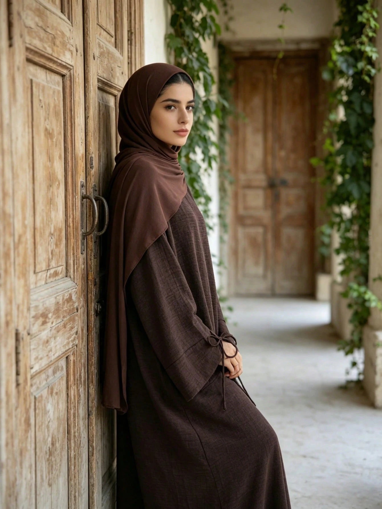 Textured Crinkle Abaya Dress, Loose Kimono Sleeve Maxi Abaya With Tie Cuffs, Modest Muslim Dubai Kaftan