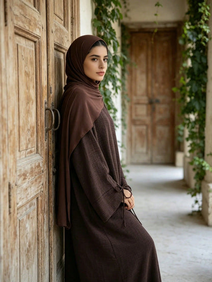 Textured Crinkle Abaya Dress, Loose Kimono Sleeve Maxi Abaya With Tie Cuffs, Modest Muslim Dubai Kaftan