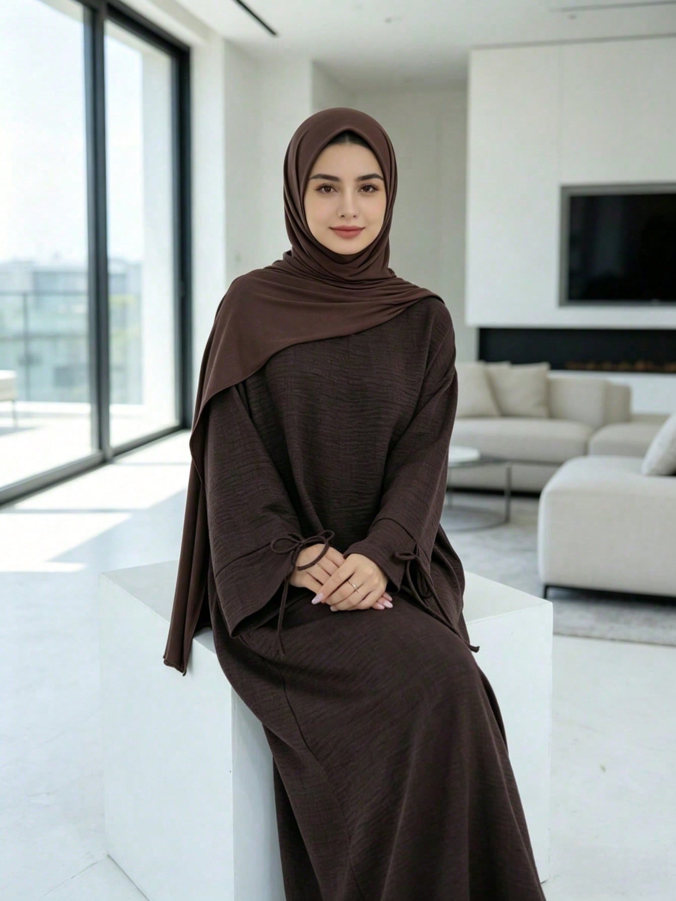 Textured Crinkle Abaya Dress, Loose Kimono Sleeve Maxi Abaya With Tie Cuffs, Modest Muslim Dubai Kaftan