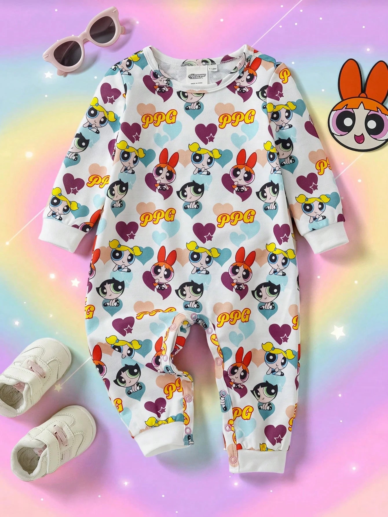 THE POWERPUFF GIRLS X Baby Girl Cartoon Heart Print Romper