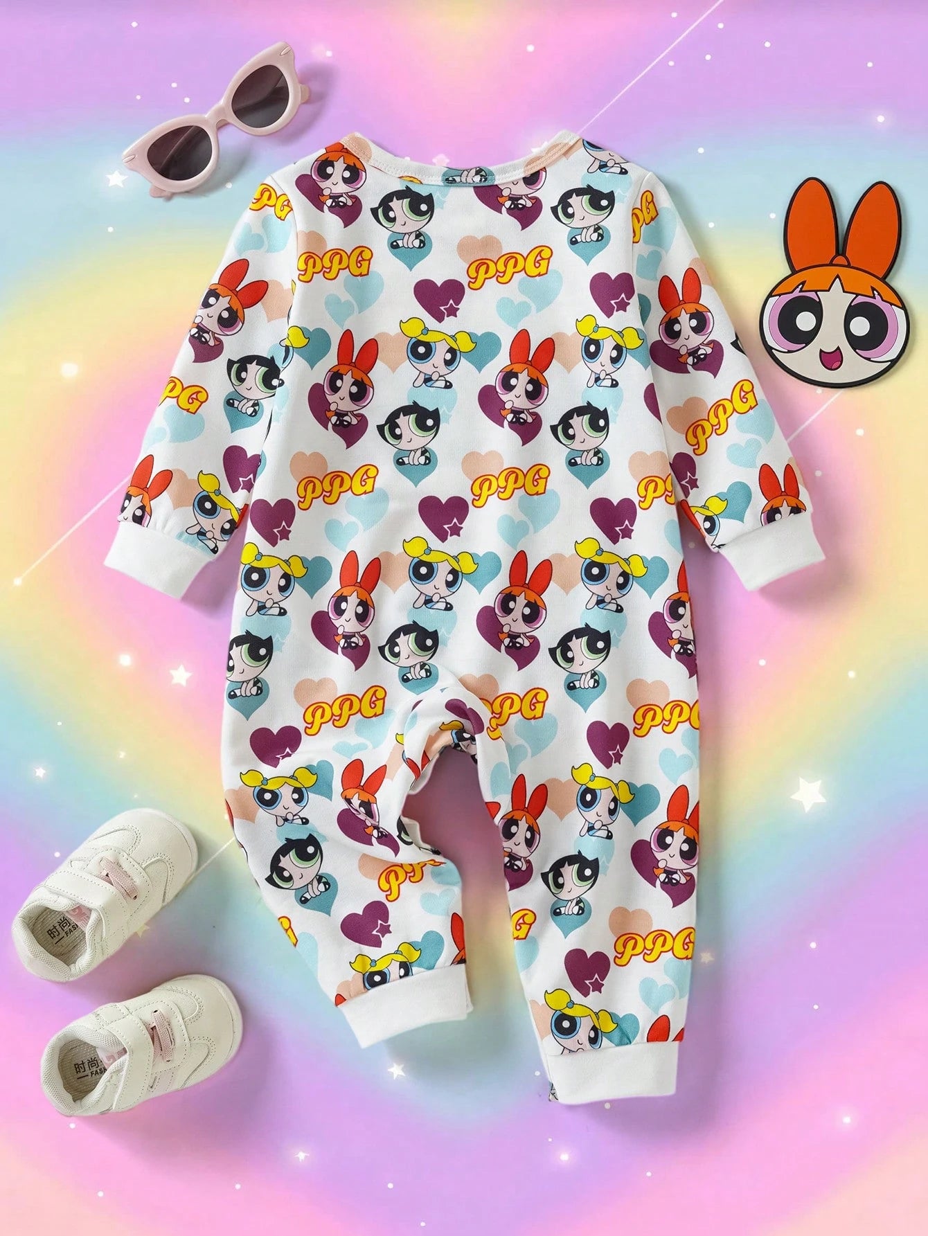 THE POWERPUFF GIRLS X Baby Girl Cartoon Heart Print Romper