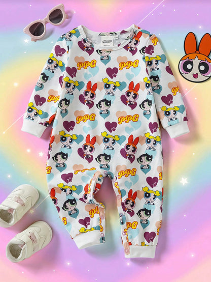 THE POWERPUFF GIRLS X Baby Girl Cartoon Heart Print Romper
