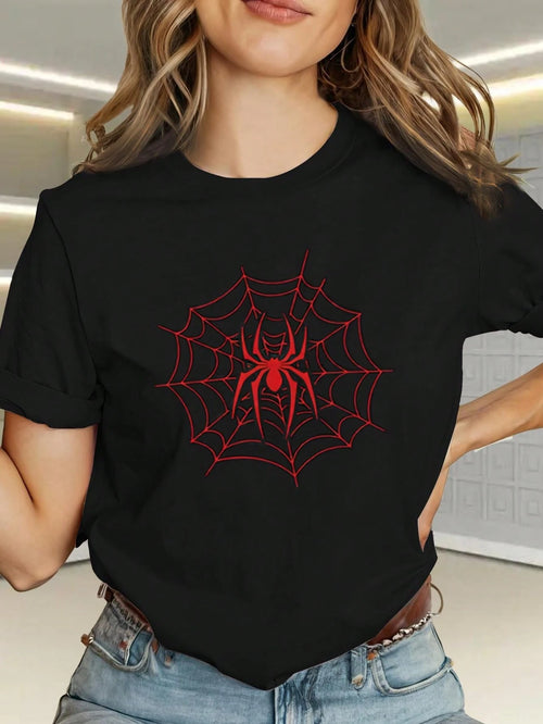This Stylish Women'S-Shirt Features A Pink Spider Web Pattern, Letter Print, A Easy Round Neck Design, And Is Made Of. It Is Comfortable, Breathable, And Suitable Everyday Casual Wear. Versatile And P