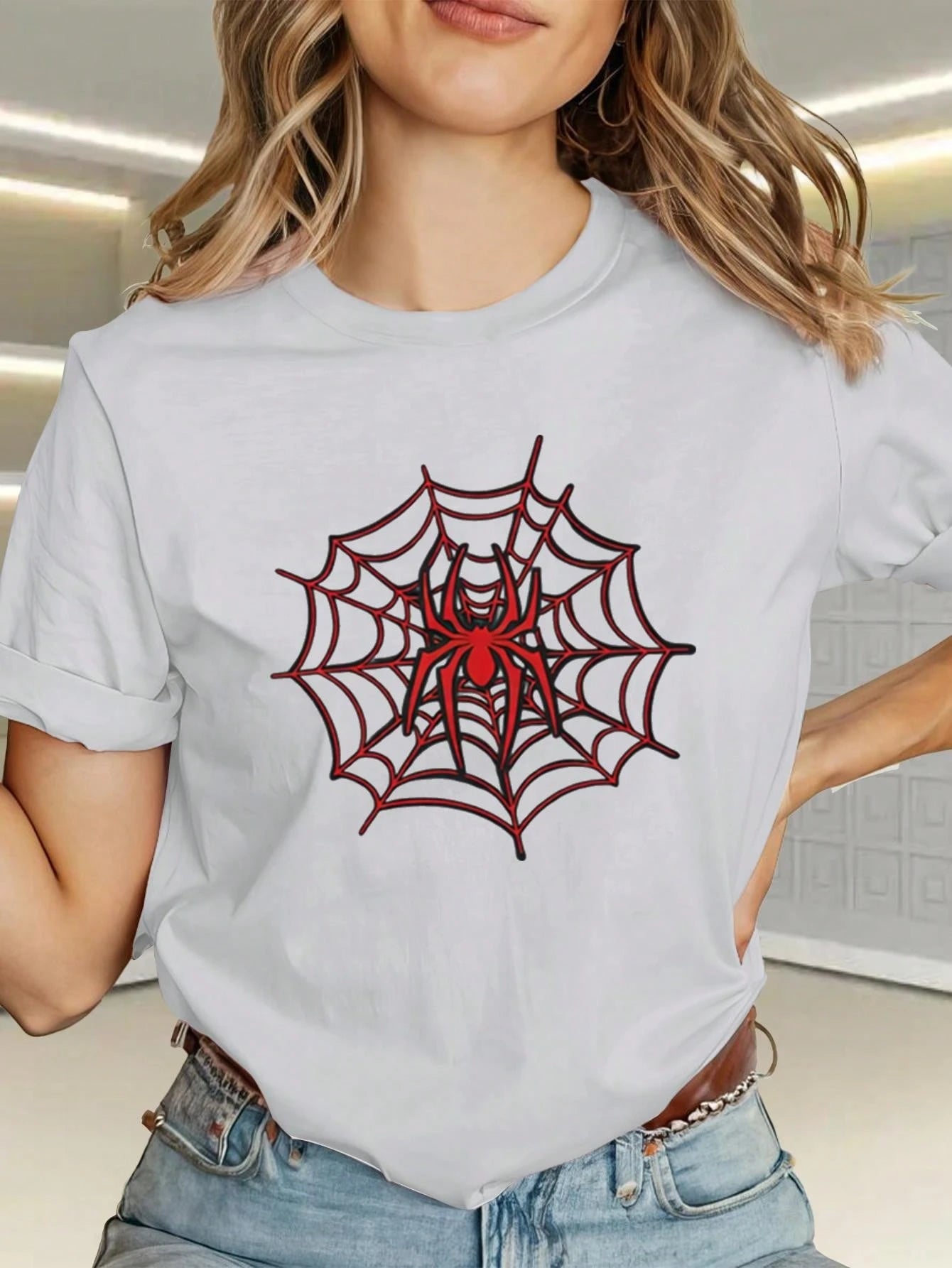 This Stylish Women'S-Shirt Features A Pink Spider Web Pattern, Letter Print, A Easy Round Neck Design, And Is Made Of. It Is Comfortable, Breathable, And Suitable Everyday Casual Wear. Versatile And P