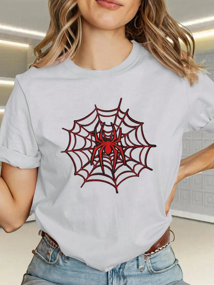 This Stylish Women'S-Shirt Features A Pink Spider Web Pattern, Letter Print, A Easy Round Neck Design, And Is Made Of. It Is Comfortable, Breathable, And Suitable Everyday Casual Wear. Versatile And P
