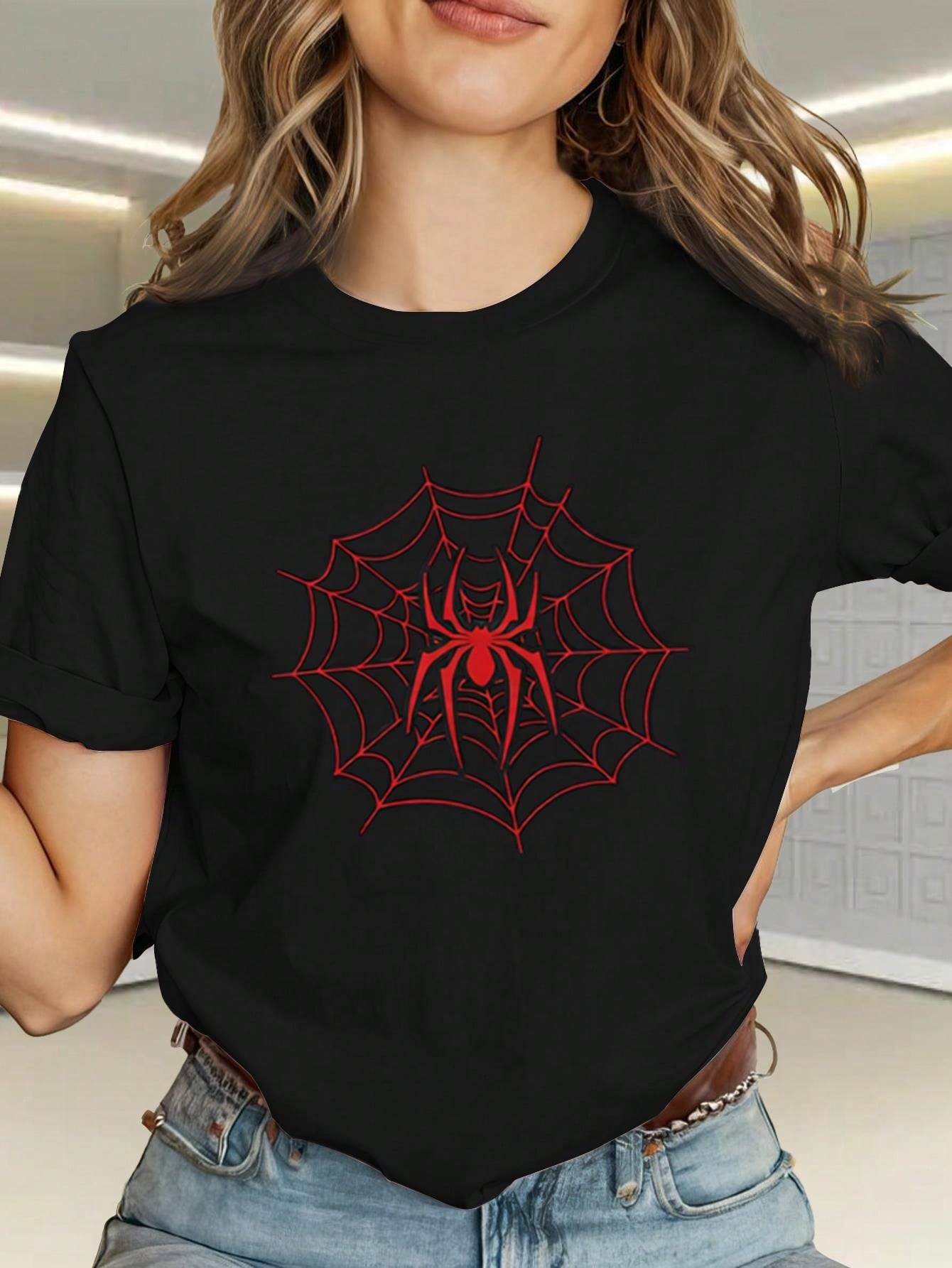 This Stylish Women'S-Shirt Features A Pink Spider Web Pattern, Letter Print, A Easy Round Neck Design, And Is Made Of. It Is Comfortable, Breathable, And Suitable Everyday Casual Wear. Versatile And P