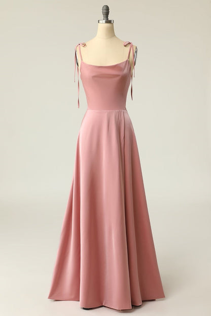 Tie Shoulder Blush A-line Long Prom Dress