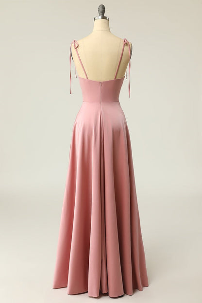 Tie Shoulder Blush A-line Long Prom Dress